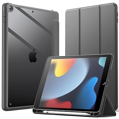 JEDirect iPad 10.2インチ ケース（第9/8/7世代、2021/2020/2019モデル用） Pencil収納可能 透明バックカバー 薄型 スタンド 衝撃吸収 タブレットカバー オートウェイク/スリープ機能 (ダークグレー)