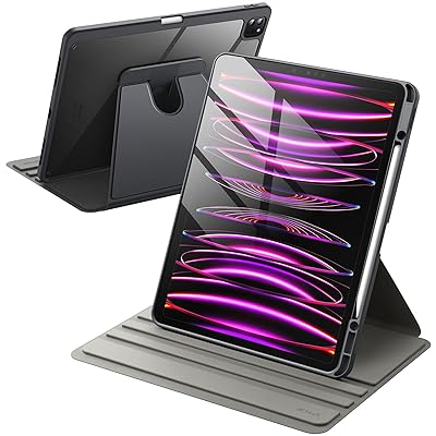 JEDirect 回転ケース iPad Pro 12.9インチ用 (2022/2021/2020/2018) Pencilホルダー付き 360°回転保護 スタンドカバー クリアバック 自動ウェイク/スリープ (スペースグレイ)