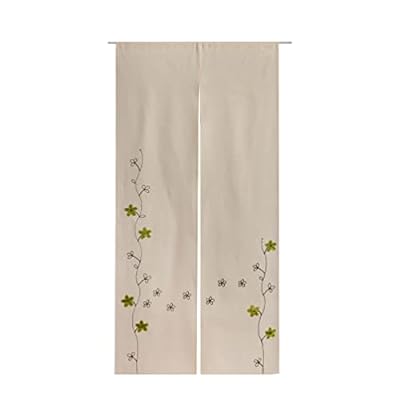 麻風のれん ロング刺繍入りML102(グリーン刺繍, 幅85x180丈)