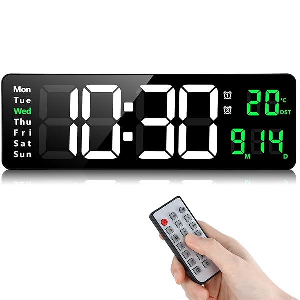 デジタル時計 大画面 デジタル 時計 壁掛け/卓上両用 温度・日付表示 アラーム機能付き リモコン&自動..