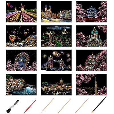 12枚セット スクラッチアート 大人 スクラッチペーパー A4サイズ スクラッチアートペン付き 手作り プレゼント 部屋飾り 都市と桜のサムネイル