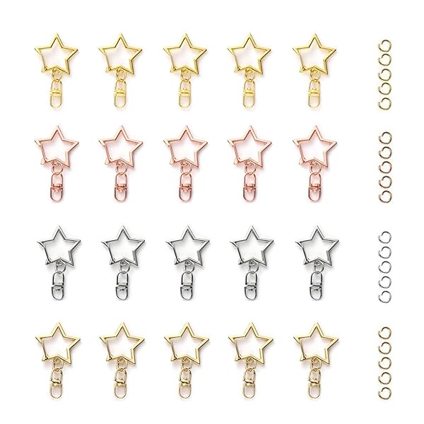キーホルダー金具 20個 回転カン付き ワンタッチキーホルダー カワイイ DIY用パーツ 手作り キーリング シルバー ゴールドなど4色 (星 キーホルダー)