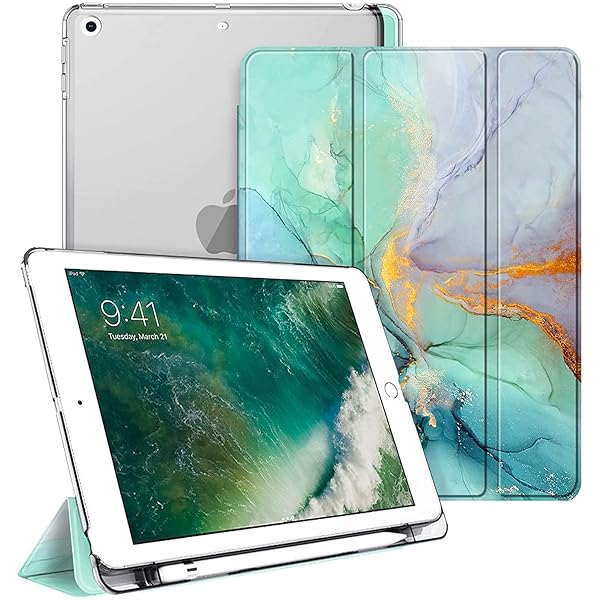 iPad 9.7 2018 2017 ケース ペンホルダー付き Apple Pencil 収納可能 三つ折スタンド スリープ機能 軽量 薄型 半透明 バックカバー iPad 9.7 インチ 第6世代 / 第5世代 対応 (モデル番号A1893、A19