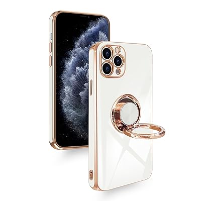 iPhone 11 Pro ケース リング付き 耐衝撃 カバー 車載ホルダー スタンド機能 アイフォン11Pro スマホケース TPU リング 360°回転 メッキ加工 カメラ保護 ストラップホール付き (ホワイト)