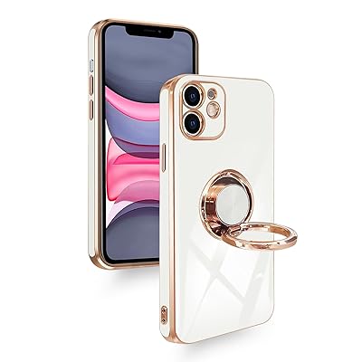 iPhone 11 ケース リング付き 耐衝撃 カバー 車載ホルダー スタンド機能 アイフォン1161 スマホケース TPU リング 360°回転 メッキ加工 カメラ保護 ストラップホール付き (ホワイト)