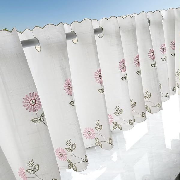 カフェカーテン 小窓 80cm丈 お風呂カーテン 目隠しカーテン 間仕切り UVカット 省エネ 通気 オシャレ 高級スラブ綿麻質感 かわいい花柄刺繍 浴室窓カーテン 取り付け簡単