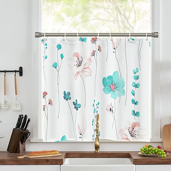 お風呂小窓カーテン 浴室窓カーテン 60cm丈 防水防カビ 防水防カビ 目隠し 断熱 シャワーカーテン 速乾 間仕切り 高密度生地 ユニットバス 浴室 花柄 リング付き 取付簡単 ブルー