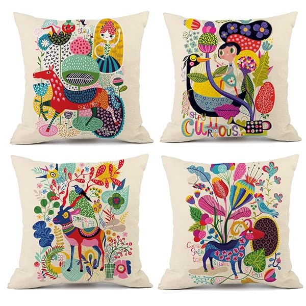 クッションカバー 45x45cm 北欧 4枚セット おしゃれ 可愛い 柄 リネン 亜麻 幾何学模様 プリント モダ..