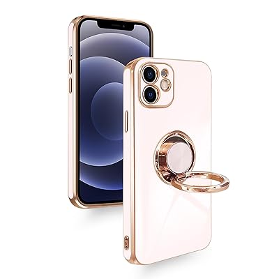 iPhone 12 ケース リング付き 耐衝撃 カバー 車載ホルダー スタンド機能 アイフォン12 スマホケース TPU リング 360°回転 メッキ加工 カメラ保護 ストラップホール付き (ピンク)