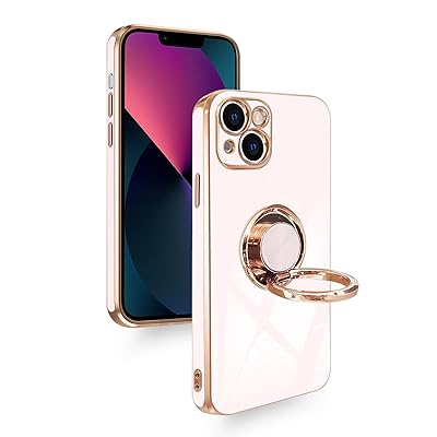 iPhone 13 mini ケース リング付き 耐衝撃 カバー 車載ホルダー スタンド機能 アイフォン13mini スマホケース TPU リング 360°回転 メッキ加工 カメラ保護 ストラップホール付き (ピンク)