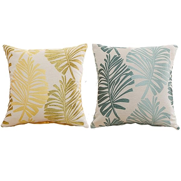 クッションカバー 45x45cm 北欧 2枚セット 綿とリネン おしゃれ 可愛い 葉の柄 ジャガード織 ファスナ..
