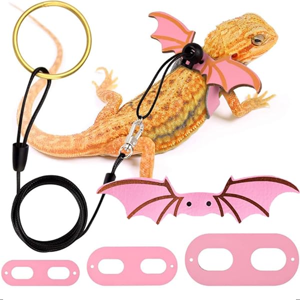 トカゲ用ハーネス 爬虫類 リード 3サイズ 調節可能 コウモリの翼 小動物 ペットハーネスリード 蜥蜴 牽引ロープ お出かけ 散歩用 ハロウィン (ピンク)