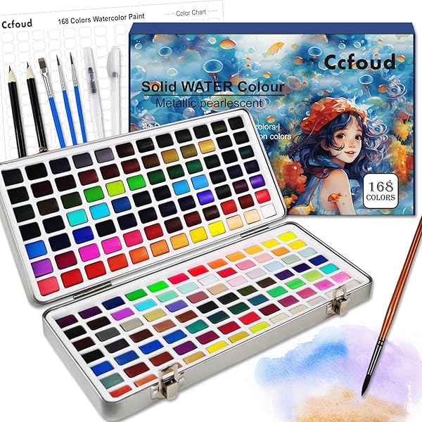 固形水彩 168色絵の具セット 固体水彩絵の具 水彩ペイントセット 水筆ペン パレット付き 携帯ボックス 水彩絵の具 トラベルセット アーティスト 初心者から専...