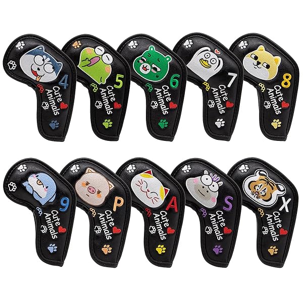 ゴルフアイアンカバー 10枚セット,キュートアニマル ゴルフアイアン用ヘッドカバー ロングネックタイプ用 PUレザー製ー 防水可 マジックテープ開閉 (カラフル...