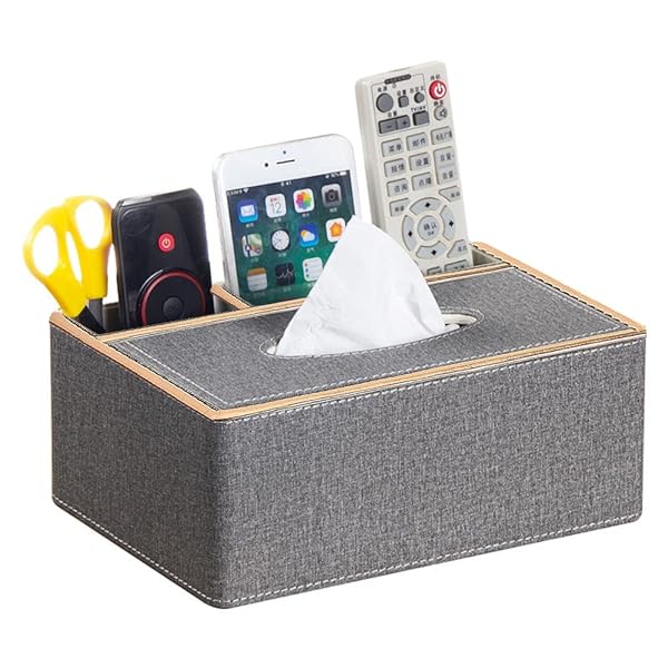 ティッシュケース リモコンラック 多機能収納ケース PUレザー製 ティッシュボックス・ホルダー ペン・鉛筆・リモコン収納 卓上収納 仕切り付き オフィス用 家庭用 (グレーB)