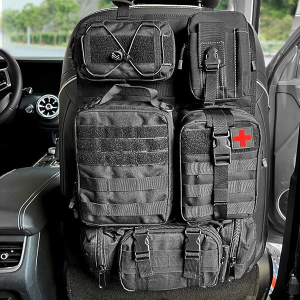 タクティカルカーシートバックオーガナイザー アップグレードタクティカルビークルパネルオーガナイザー 取り外し可能なモールポーチ5個付き ほとんどの車両にユニバーサルフィット (ブラック)