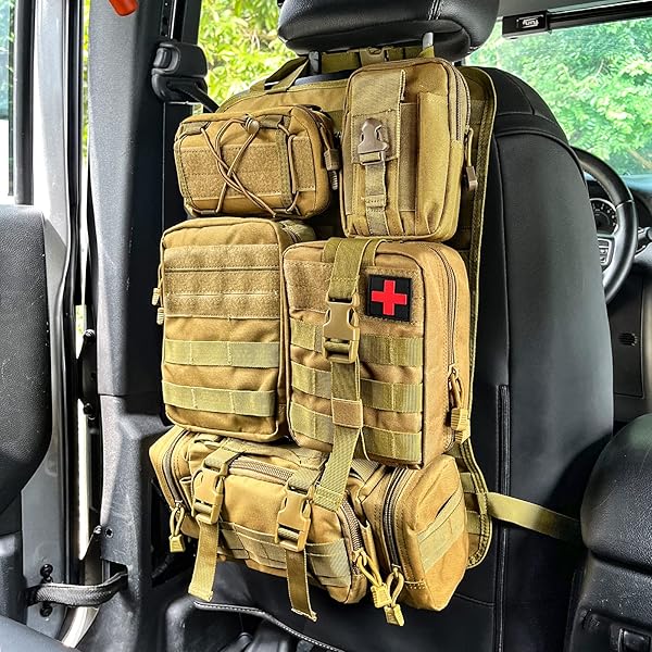 ユニバーサル タクティカル シート バック オーガナイザー ビークル モール パネル オーガナイザー 収納バッグ 取り外し可能なモールポーチ5個付き カーキ