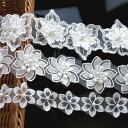 3種セット 人工真珠で飾られた花モチーフ付刺繍入りレース生地装飾 花柄様 各1m合計3m DIY・裁縫・ギフト包装・カーテン装飾・お人形の衣裳作り・ヘアクリップ...