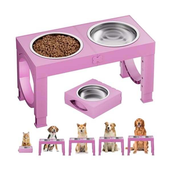 犬 食器台 中型犬～大型犬向け ペット 餌台 ステンレスボウル 食器 エサ台 4段階 高さ調節可能 餌入れ 犬 ご飯台 （ピンク）