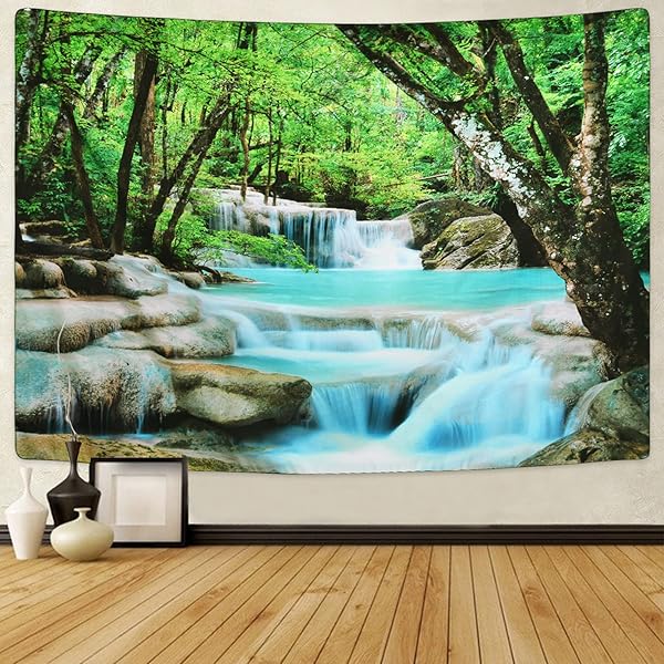 森タペストリー 渓流柄壁掛けタペストリー 森のカスケードタペストリー 自然風景布ポスター 木 森の滝 ..