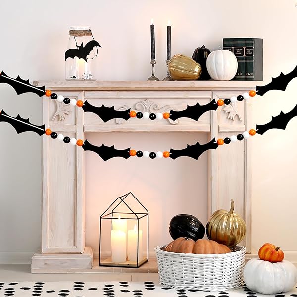 ハロウィン ガーランド、ハロウィン 飾り パーテイー小物、フェルトバットハロウィンガーランド ハロウィン 装飾 木製ビーズ付き