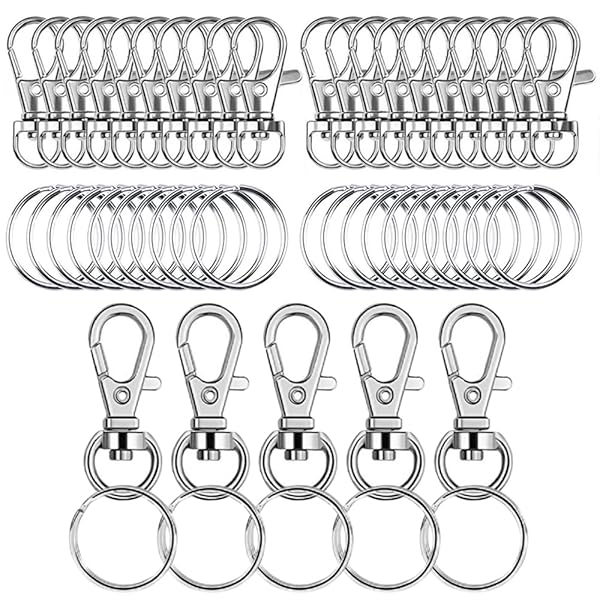 25個セット キーホルダー金具 二重リング キーホルダー 回転フック ワンタッチで取り外し 平キーリング..