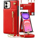 iPhone 11 ケース手帳型 iPhone11スマホ ケース 財布型 iphone 11適用 携帯ケース 肩掛け 首かけ 斜めがけ ショルダー アイフォン11 ケース手帳型 背面 カード収納 ストラップ付き 上下開 長さ調整可能 レッド