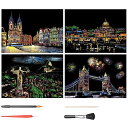 スクラッチアート 4枚入 スクラッチ極細ペン付き 21*29cm A4サイズ スクラッチペーパー レインボー絵 夜景 花火 観覧車 花畑 彫刻アート DIY 削るだけで美しいアート 部屋飾り (美しい都市)