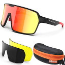 ロードバイク サングラス スポーツ 野球 ランニング対応 UV400遮断 偏光レンズ 交換式3色セット TR90超軽量 調整可能ノーズパッド&テンプル、 黒&赤