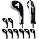 番手プリント ゴルフ アイアンカバー ファスナー付き ロングネック 10個/セット (ホワイト/ブラック)