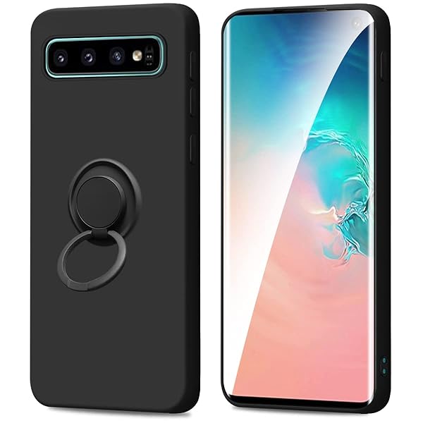 Galaxy S10 ケース リング付き シリコン SC-03L SCV41 カバー リング 携帯カバー 耐衝撃 シリコン スタンド機能付き 360回転車載ホルダー (ブラック)