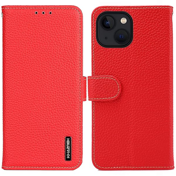 For iPhone 13 ケース 手帳型 本革 For アイフォン 13 カバー 財布型 高級本皮 シュリンクカーフレザー ライチ柄 良い触り心地 サイドマグネット式 2枚カード収納 横置きスタンド機能 耐衝撃 レッド