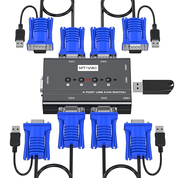 KVM VGA切替器 4ポートUSB2.0 KVM VGAスイッチ 4入力 パソコン切り替え器 キーボード・マウス用パソコン切替機