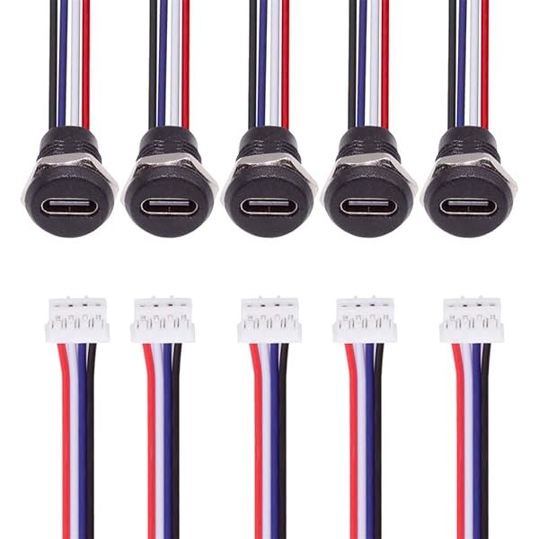 DIY OEM 5ピース Type C メスソケット - 4ピン ヘッダー 24AWG ケーブルピッチ=2.0mm パネルマウントタイプ DC 5V 電源データ