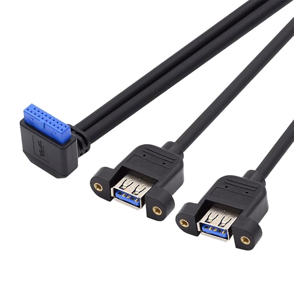 5Gbps 19/20ピン マザーボードヘッダー - USB 3.0デュアルポート メスネジマウントタイプ延長ケーブル 90度上向き。