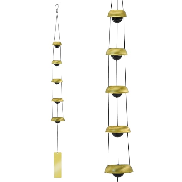 風鈴 金属製 ウィンドチャイム 玄関 5層 短冊 メタル 長い 和風風鈴 風水風鈴 吊るし 手作り風鈴 玄関風鈴 おしゃれ 澄んんだ音 屋外 屋内 厄除く 祈り プレゼント インテリア ホーム飾り (真鍮色)