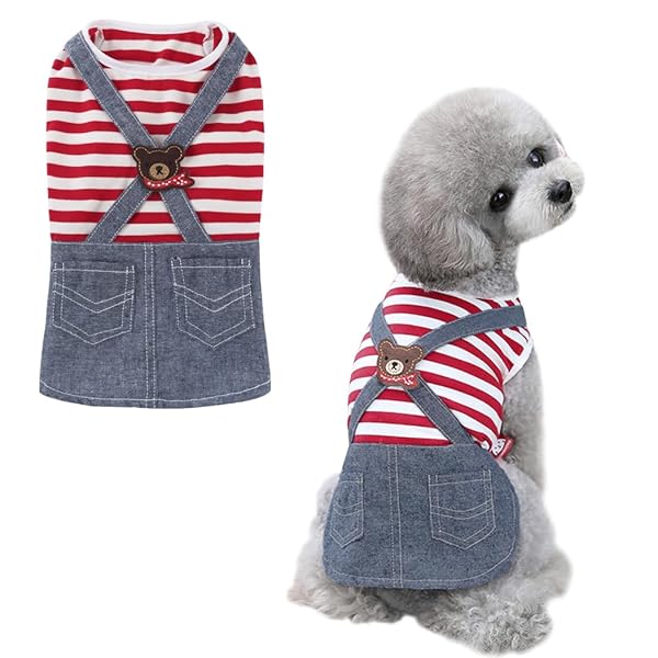 犬服 春夏 犬 ドレス 犬の服 ペット服小型犬 お姫様 クマ パターン 犬 洋服 つりフェイクツーピース スカート 犬ワンピース 散歩 お出かけ 日焼け予防 抜け毛対策 (レッド, S)