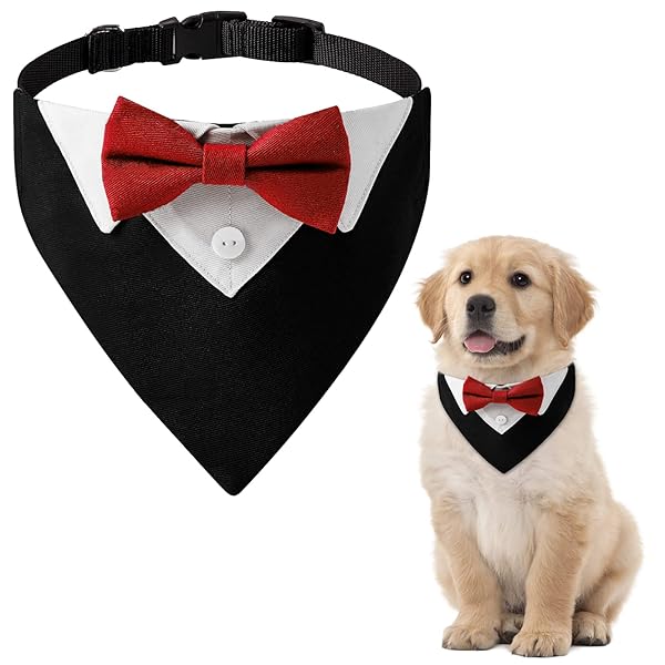 フォーマルドッグタキシードバンダナ, 1個 レッド 犬のタキシードコットンバンダナ 犬と猫のための蝶ネクタイとネクタイと犬の結婚式の襟, L