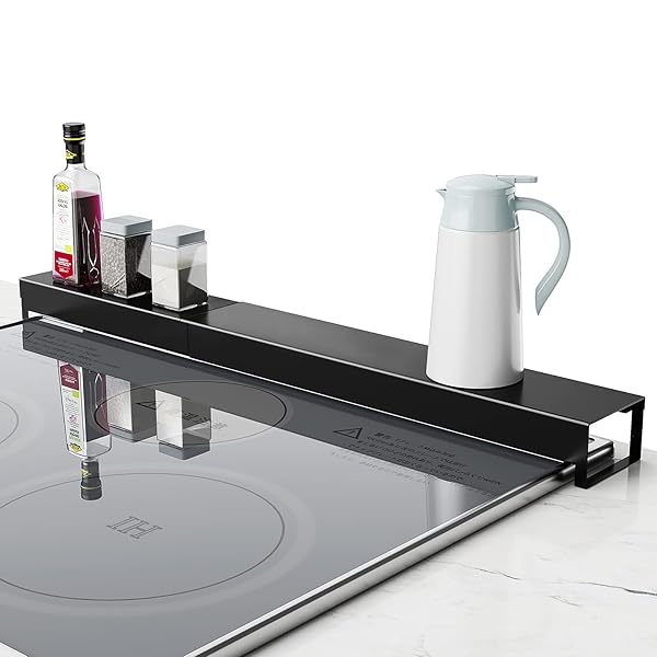 伸縮 排気口カバー ブラック 幅42~80cm コンロカバー までのビルトインガスコンロ・IHコンロ対応 調味料ラック 油はねガード 約W42~80XD8XH5cm