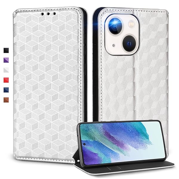 UnivoColors iPhone 13対応手帳型ケース 高級合皮 カード収納 マグネット開閉 スタンド機能 ストラップホール付き TPUソフトバンパー 全面保護 カメラ保護 衝撃吸収 ビジネス おしゃれ カバー(シルバー)