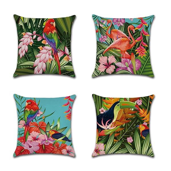 クッションカバー 45x45cm 4枚セット 北欧 幾何学模様 違う柄 リネン 亜麻 可愛い おしゃれ ファスナー モダン 家庭装飾 車 飾り 四季通用 インテリア (45x45, フラミンゴ)