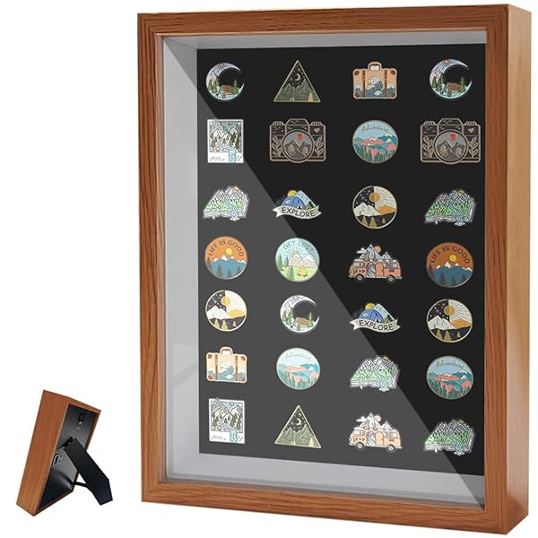 ピンバッジ用 収納 フレーム ブローチ バッジ フェルト 展示 防塵 透明窓 ブローチピン 2way 中空 額縁式 コレクションケース（クルミ・27*22cm）