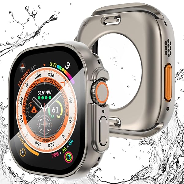 for Apple Watch Ultra 2/Ultra ケース 49mm 【3 in 1防水設計】 アップルウォッチ液晶保護フィルム+防水保護+背面ケースの3 in 1デザイン 高タッチ感度 PC素材 全面 防傷 (49mm,チタンカラー)