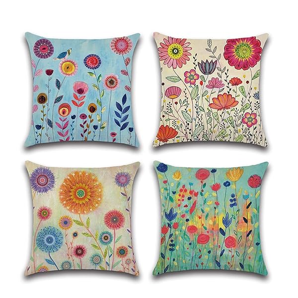 クッションカバー 40x40cm 4枚セット 北欧 幾何学模様 違う柄 リネン 亜麻 可愛い おしゃれ ファスナー モダン 家庭装飾 車 飾り 四季通用 インテリア ベッドルーム (花柄, 40x40)