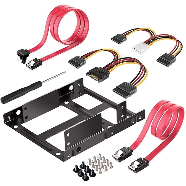 2x2.5インチHDD・SSD取り付け可能の変換フレーム、3.5″〜2.5″内蔵HDD増設用フレーム、SSD変換ブラケットアダプター インストールツール+ 2xSATAデータケーブルと2x電源ケーブルが含まれます(4ピンDタイプの電源コードの入力ポー