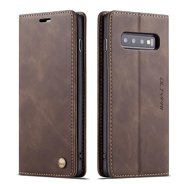 Samsung Galaxy S10 Plus ケース 手帳型 PU 高級レザー マグネット カード収納 全面保護 薄型 耐衝撃 横置き Qi充電対応 おしゃれ 人気 - コーヒー