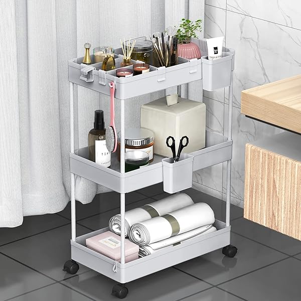 キッチンワゴン 隙間収納 スリム 22cm 収納カップ 仕切板付き 多機能 小物 食品 調味料 キャスター付き 組立簡単 浴室 台所 冷蔵庫横 3段 グレイ