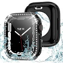 アップルウォッチ 保護 カバー 45mm 薄型 防水 強化ガラス Apple Watch 一体型 二重構造 ケース Series 9 8 7 クリスタルダイヤ付き レディース iWatch ケース PC環保素材 (ブラック 45mm)