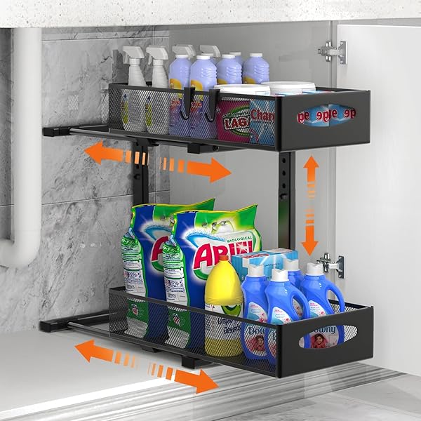 シンク下収納 スライドラック 2段式 引き出し キッチン収納 金属製 観音開き扉 洗面台下 流し台下収納 ..