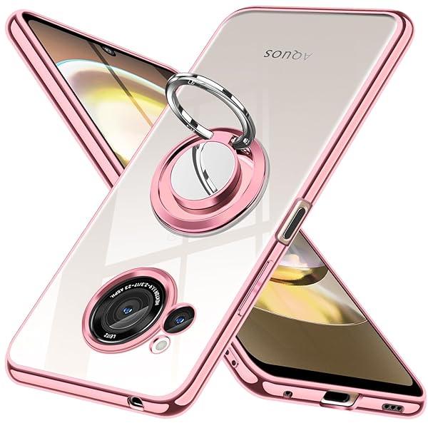 AQUOS R8 ケース リング SH-52D カバー 透明 スマホケース クリア TPU 耐衝撃 メッキ加工 スタンド機能 車載ホルダー ストラップホール付き アクオスR8 携帯ケース ローズゴールド